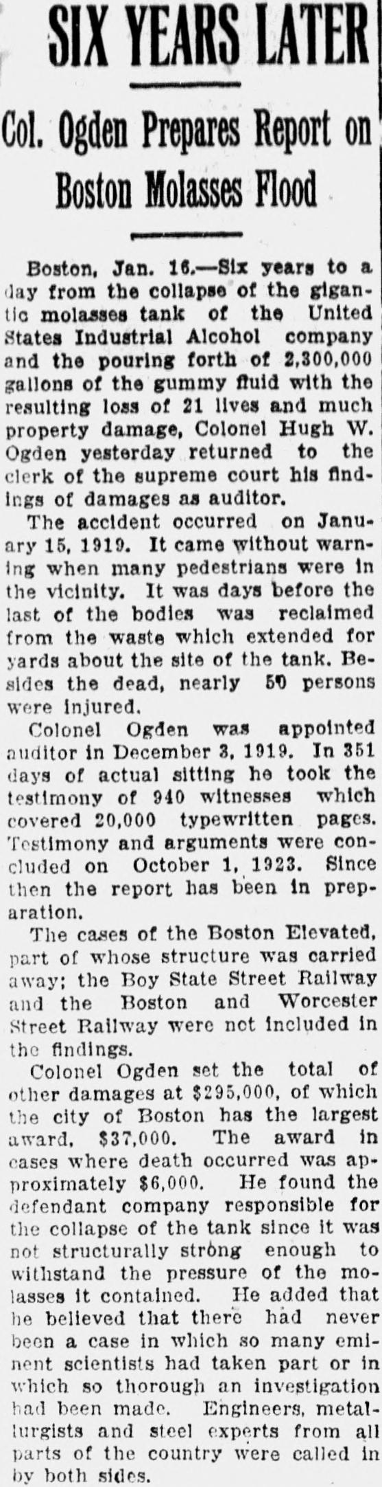 1925 newspaper column headed Six Years Later, Col. Ogden Prepares Report on Boston Molasses Flood