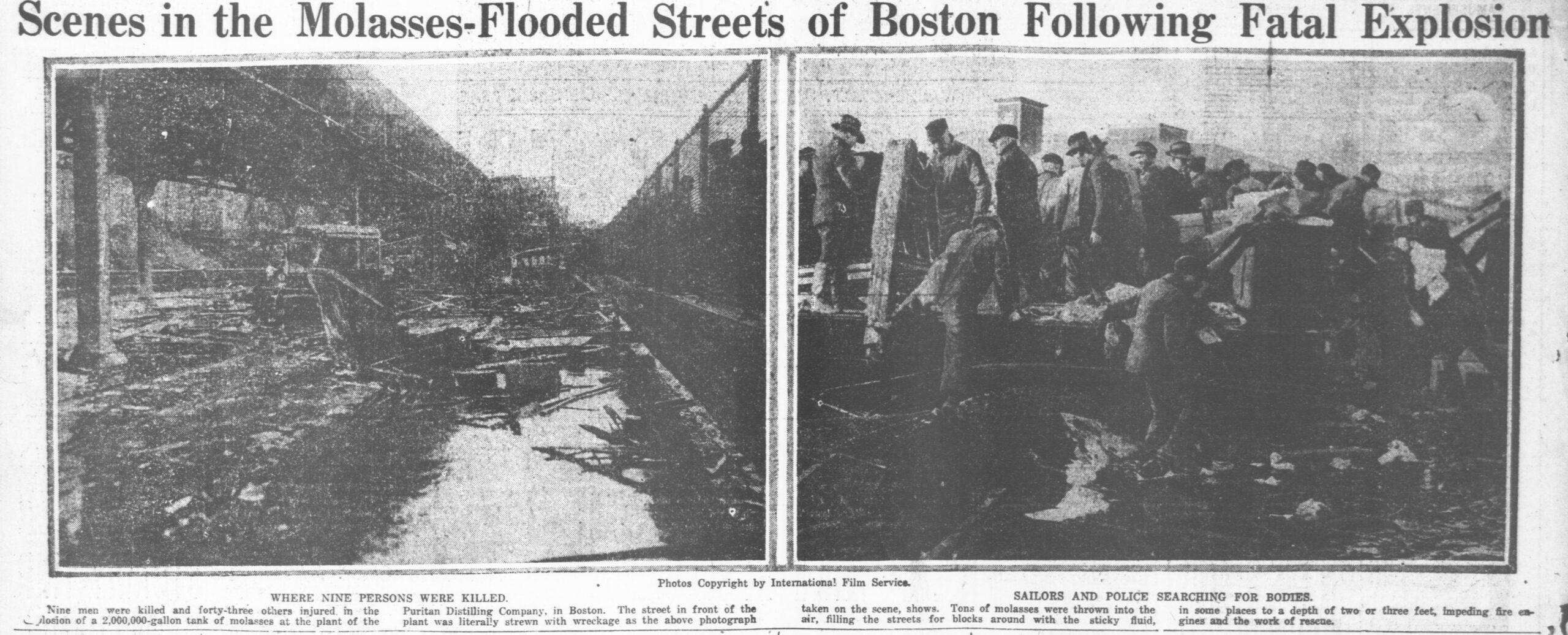 Two 1919 newspaper photographs: a wrecked street under Boston's elevated railway, and sailors and police searching the molasses-covered wreckage for bodies