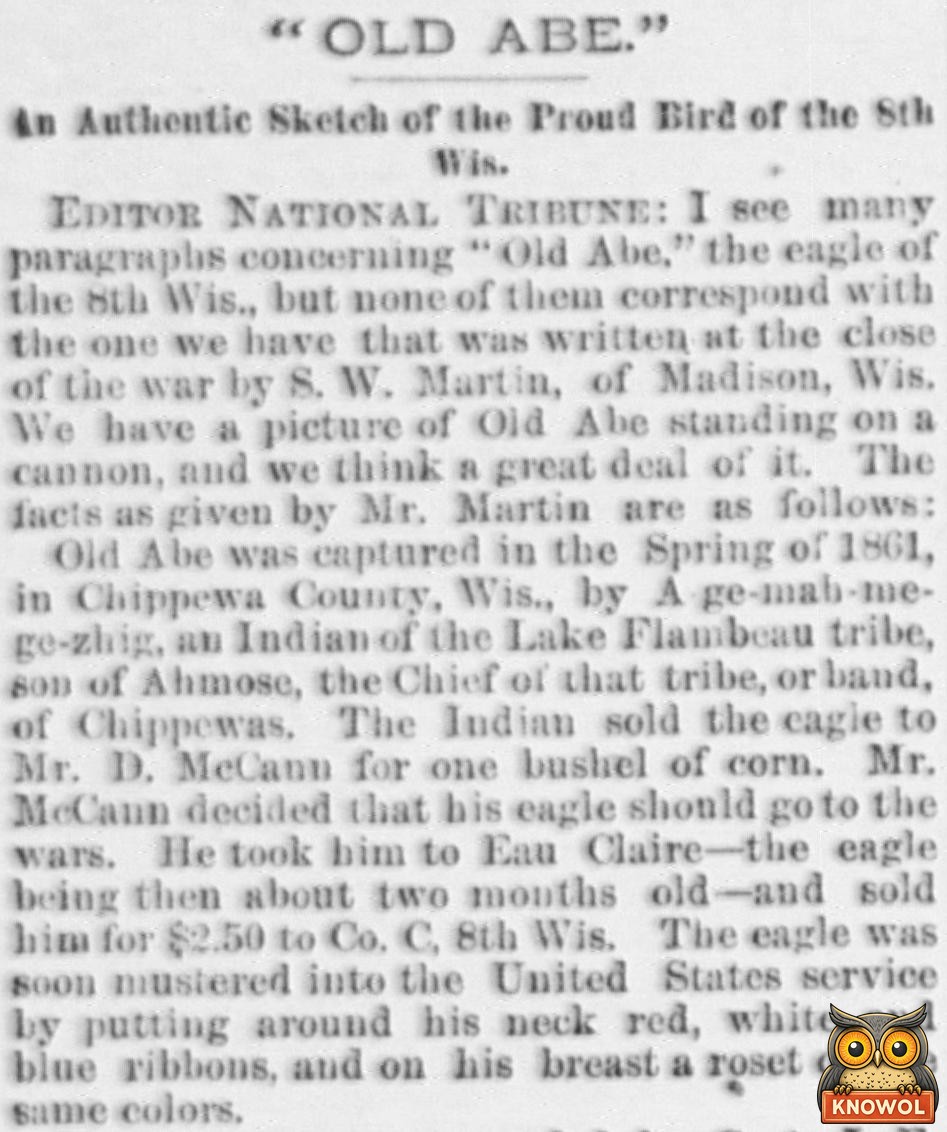 1887 National Tribune story headlined Old Abe, An Authentic Sketch of the Proud Bird of the 8th Wis., telling how the eagle was sold for a bushel of corn and then for $2.50