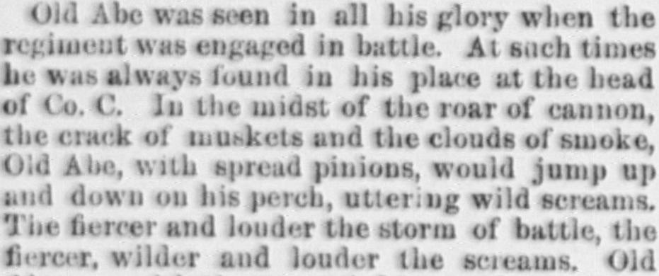 1887 newspaper text: in the roar of cannon Old Abe, with spread pinions, would jump up and down on his perch, uttering wild screams