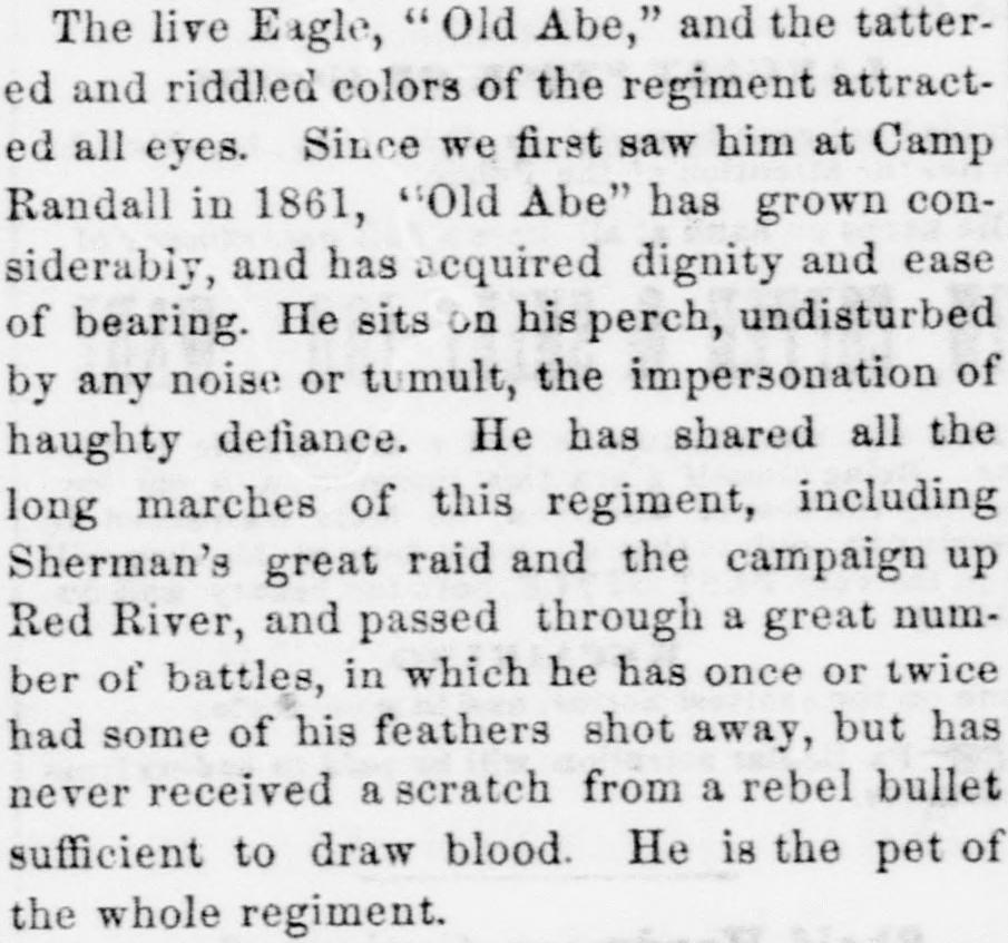 1864 Wisconsin newspaper text: the live eagle Old Abe and the tattered and riddled colors of the regiment attracted all eyes