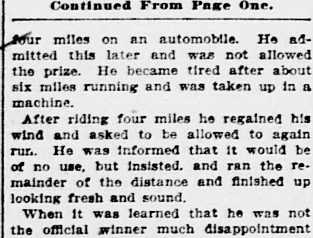 1904 newspaper text: he rode four miles on an automobile, admitted it later and was not allowed the prize