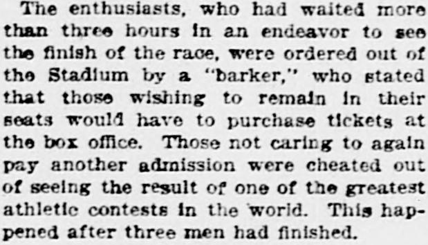 1904 newspaper text: a barker ordered the crowd out of the stadium unless they bought new tickets at the box office