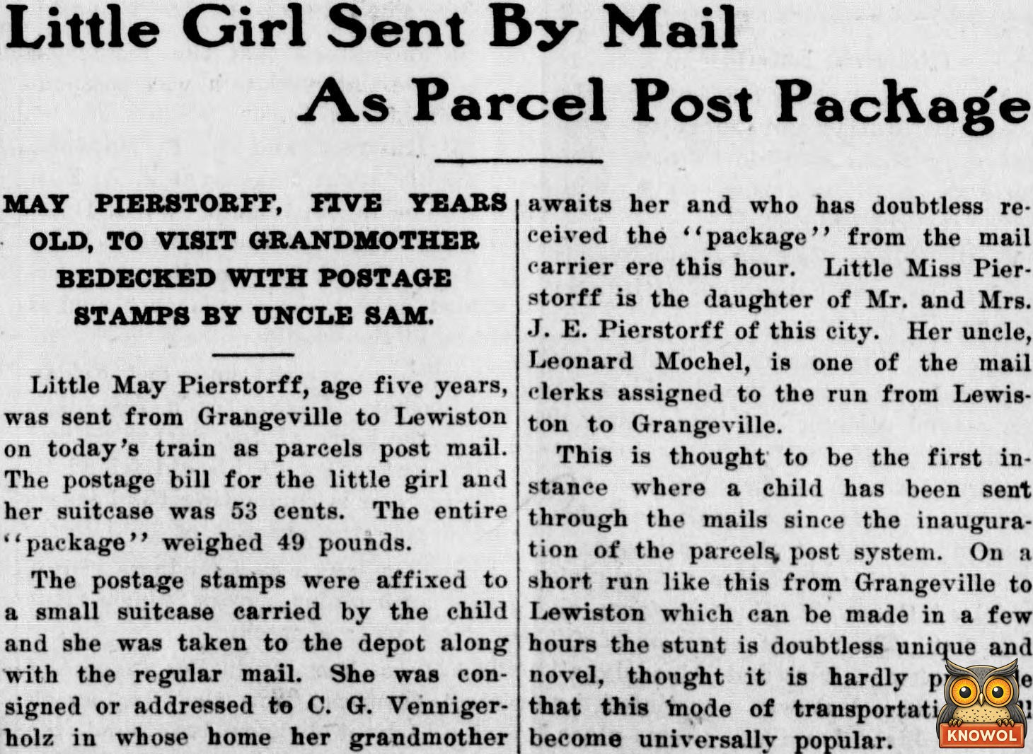 1914 Idaho County Free Press story headlined Little Girl Sent By Mail As Parcel Post Package, about May Pierstorff