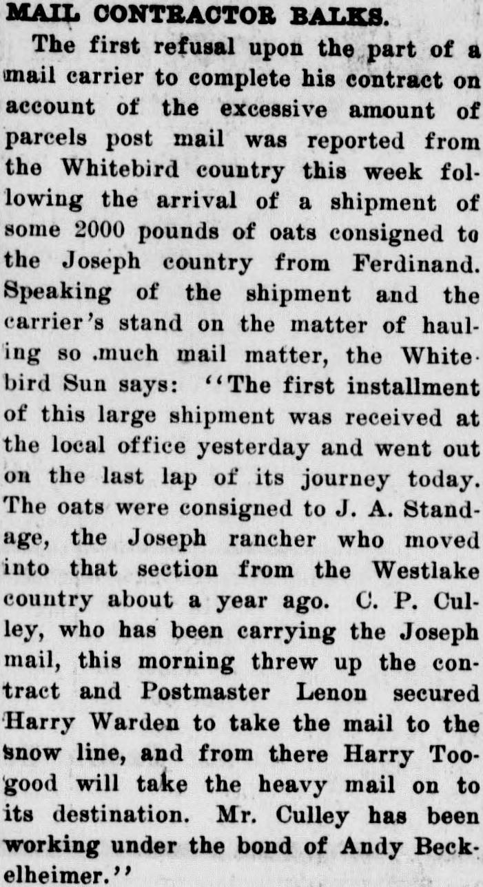 1914 Idaho County Free Press item Mail Contractor Balks, about 2000 pounds of oats sent by parcel post