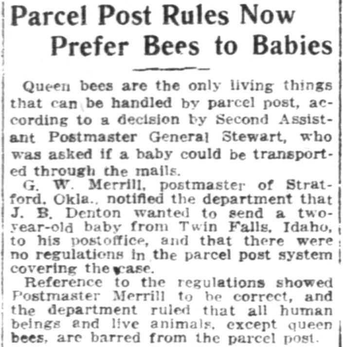 1914 Washington Times item headlined Parcel Post Rules Now Prefer Bees to Babies