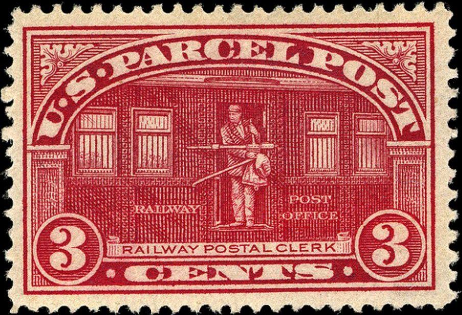 Red 1913 U.S. Parcel Post 3-cent stamp showing a railway postal clerk standing in the door of a mail car