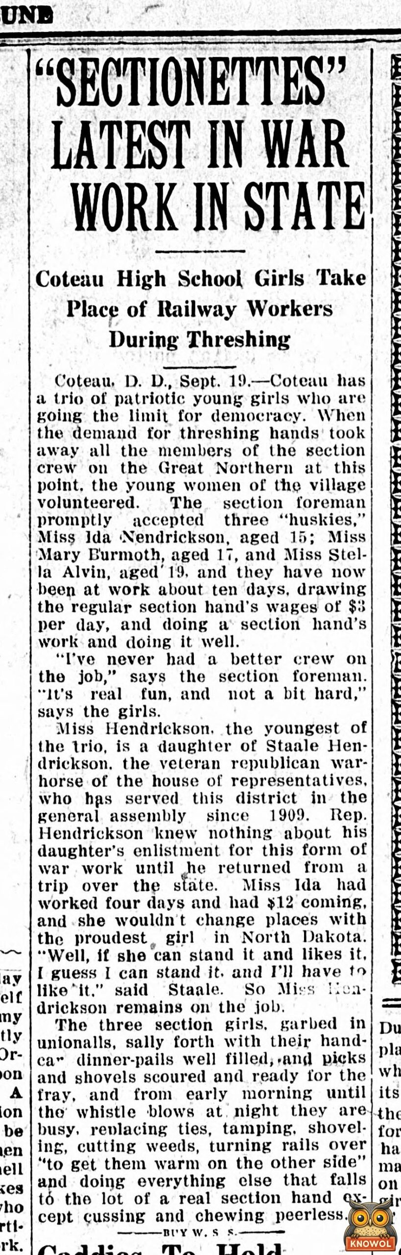 1918 Bismarck Tribune story headlined Sectionettes Latest in War Work in State, about three Coteau high school girls on a railroad section crew