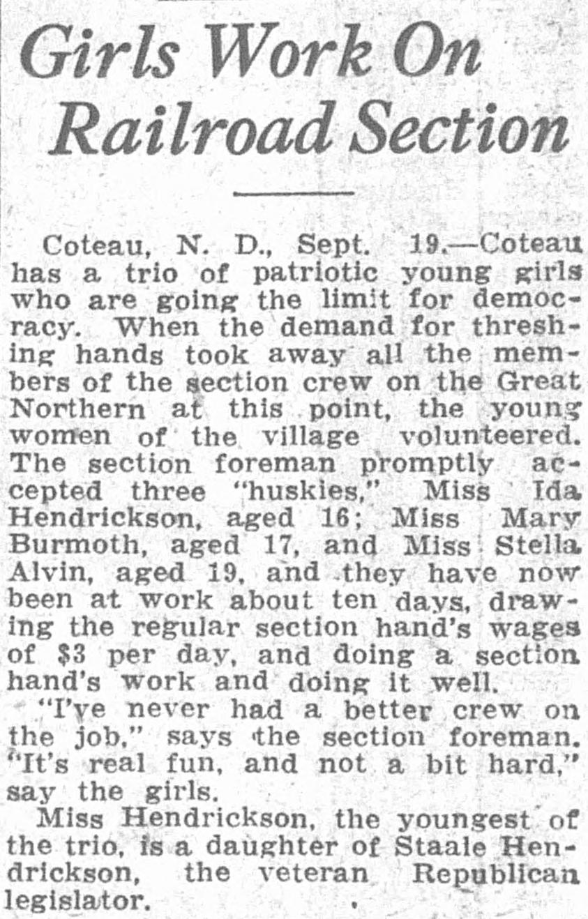 1918 Fargo Forum item headlined Girls Work On Railroad Section, naming Ida Hendrickson, Mary Burmoth and Stella Alvin