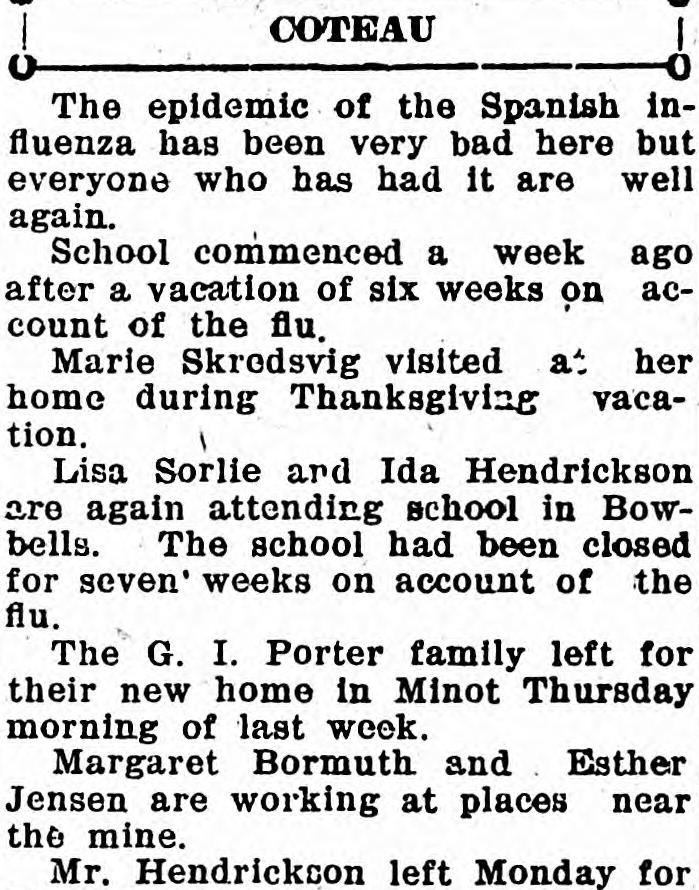 1918 Coteau news column reporting the flu and that Ida Hendrickson was again attending school in Bowbells