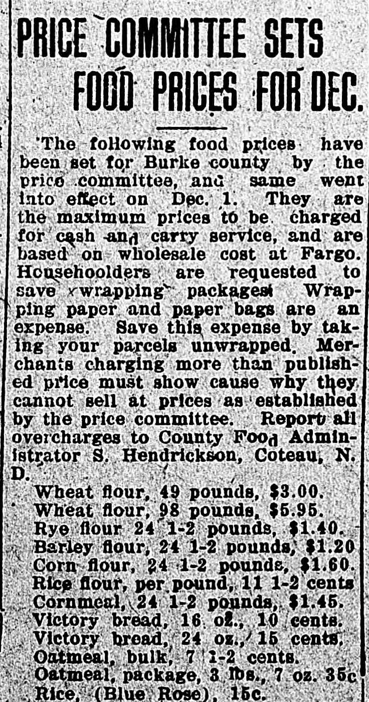 1918 Bowbells Tribune list headlined Price Committee Sets Food Prices for Dec., with flour and Victory bread prices
