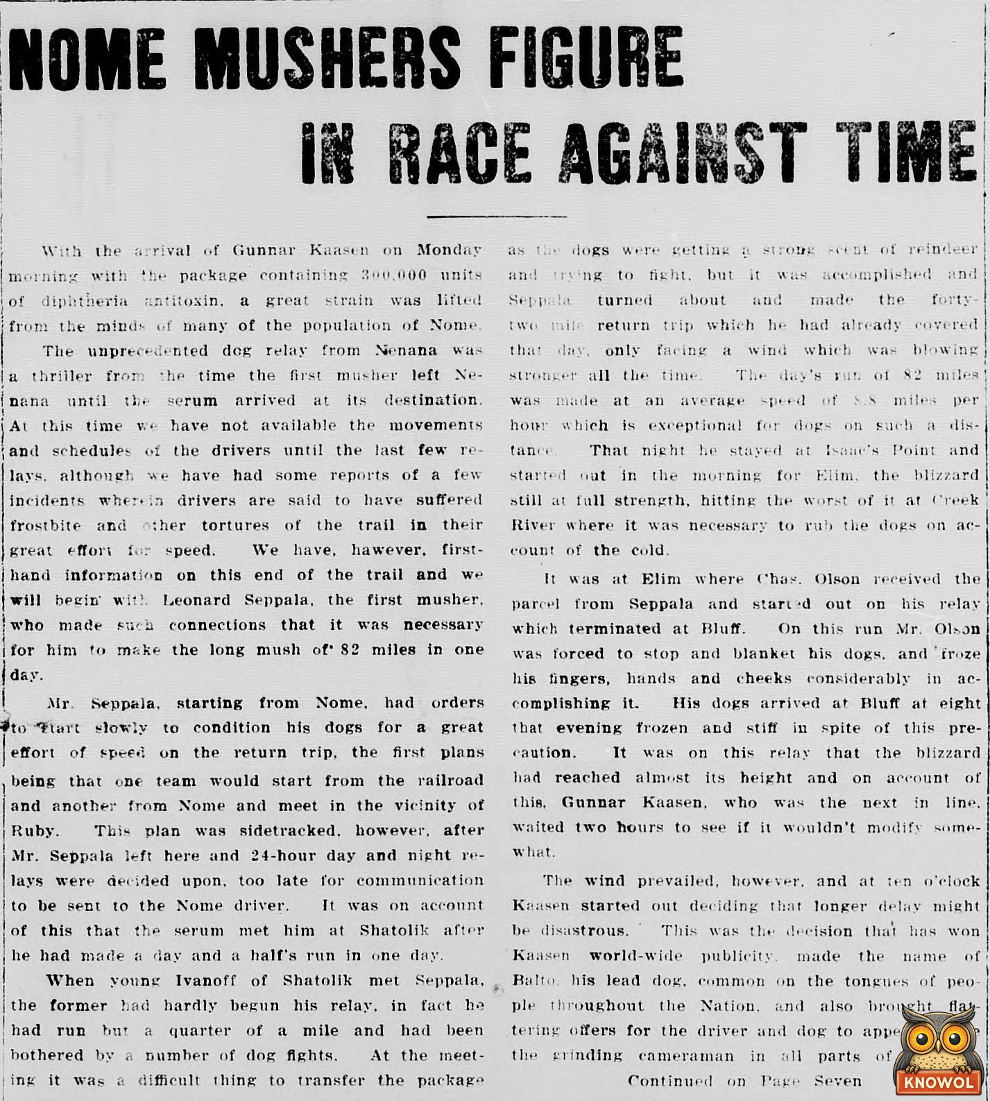 1925 Nome Nugget front-page story headlined Nome Mushers Figure in Race Against Time, about the diphtheria serum relay