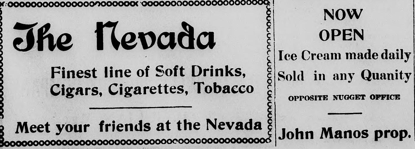 1925 Nome newspaper ad for The Nevada, offering soft drinks, cigars and ice cream made daily