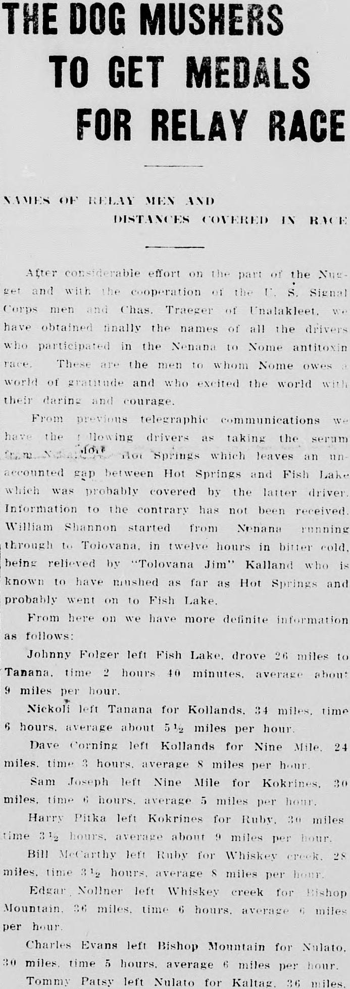 1925 Nome Nugget story The Dog Mushers to Get Medals for Relay Race, listing the drivers and distances