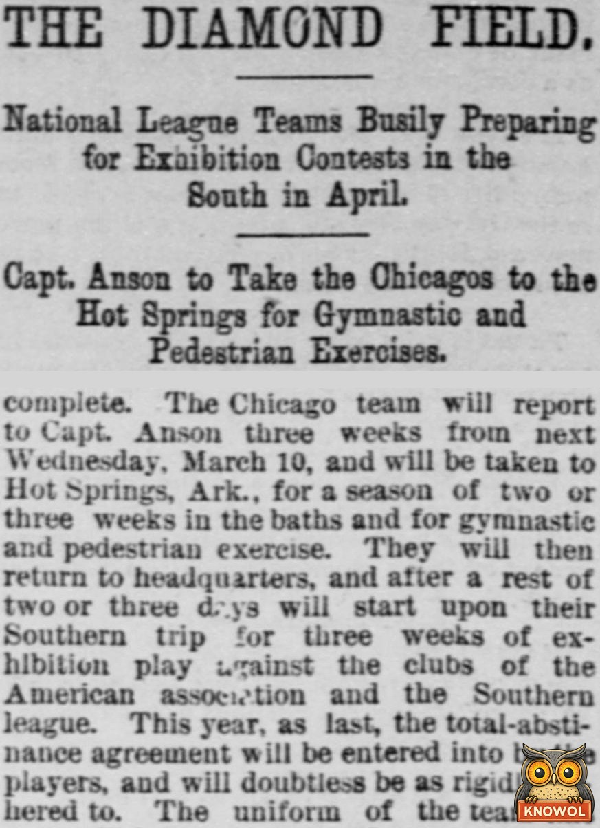 1886 newspaper headline reading Capt. Anson to Take the Chicagos to the Hot Springs for Gymnastic and Pedestrian Exercises, above the report of the plan
