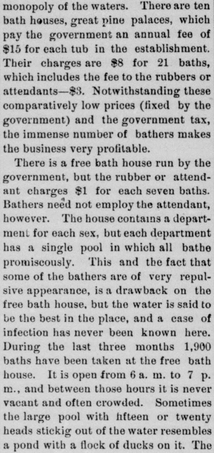 1886 newspaper column on Hot Springs bath houses, giving the price of $8 for 21 baths and describing the crowded free bath house pool