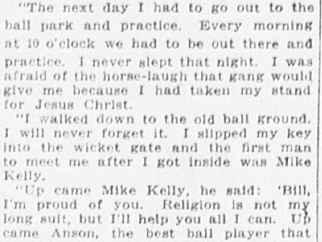 1915 newspaper passage in which Billy Sunday recalls Mike Kelly saying Bill, I'm proud of you