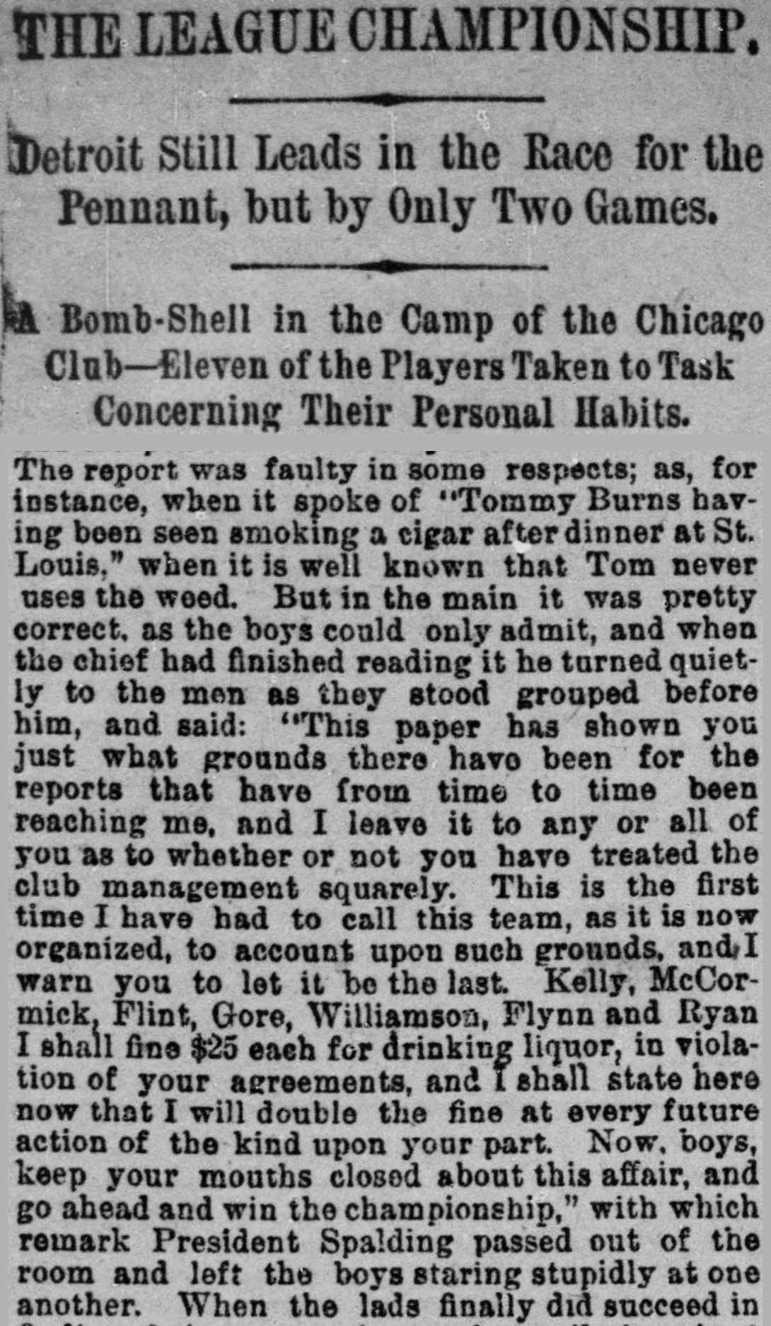 1886 newspaper headline A Bomb-Shell in the Camp of the Chicago Club, above the passage where Spalding fines seven players $25 each for drinking