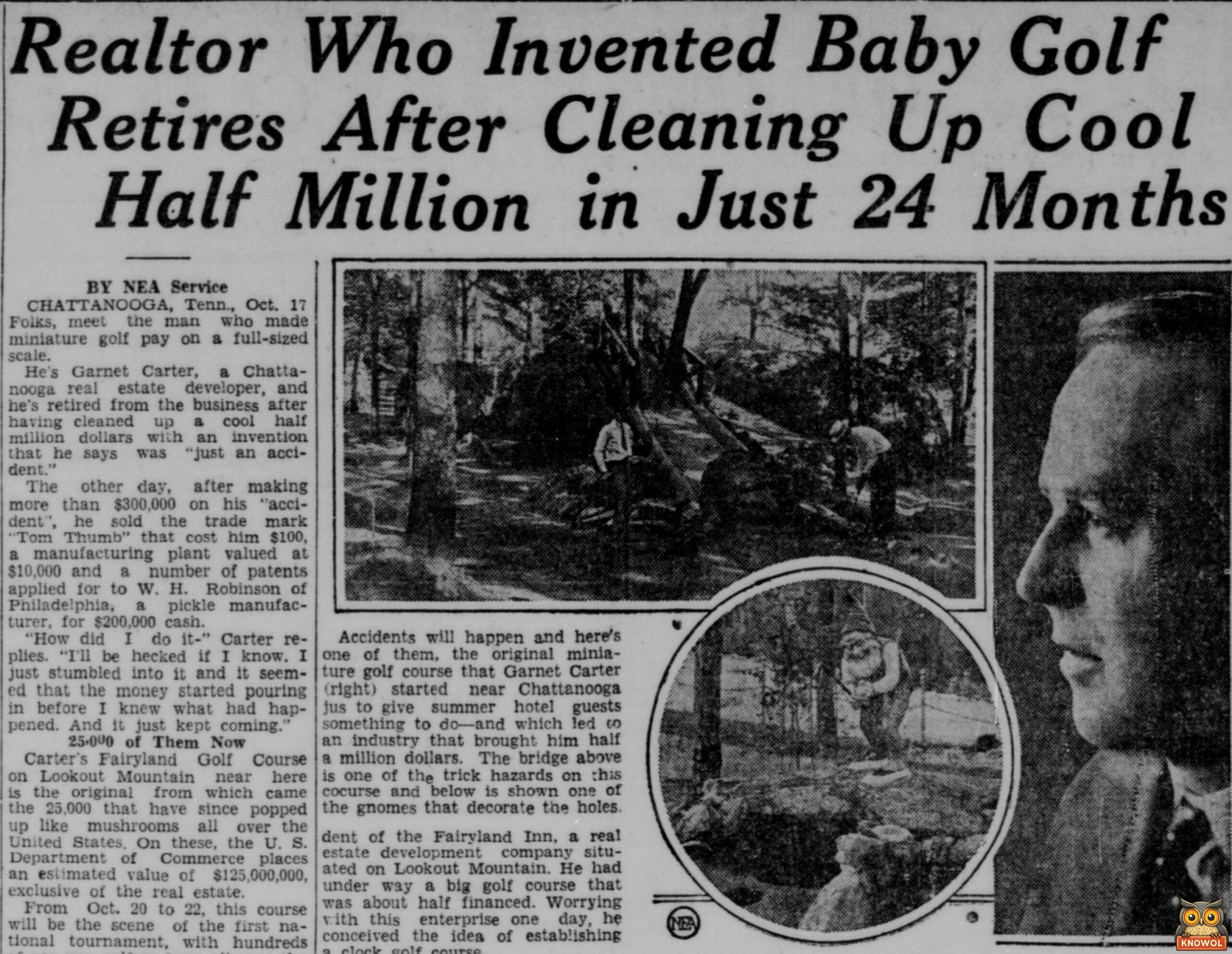 1930 NEA newspaper story about Garnet Carter, with photos of a rustic bridge hazard on the Fairyland course, a gnome statue and Carter in profile