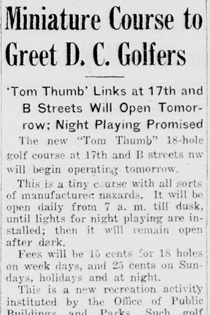 1930 news item headlined Miniature Course to Greet D. C. Golfers, giving fees of 15 cents for 18 holes on week days and 25 cents on Sundays