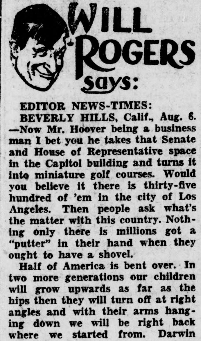 Will Rogers Says column from August 1930, with his cartoon portrait, joking that half of America is bent over a putter