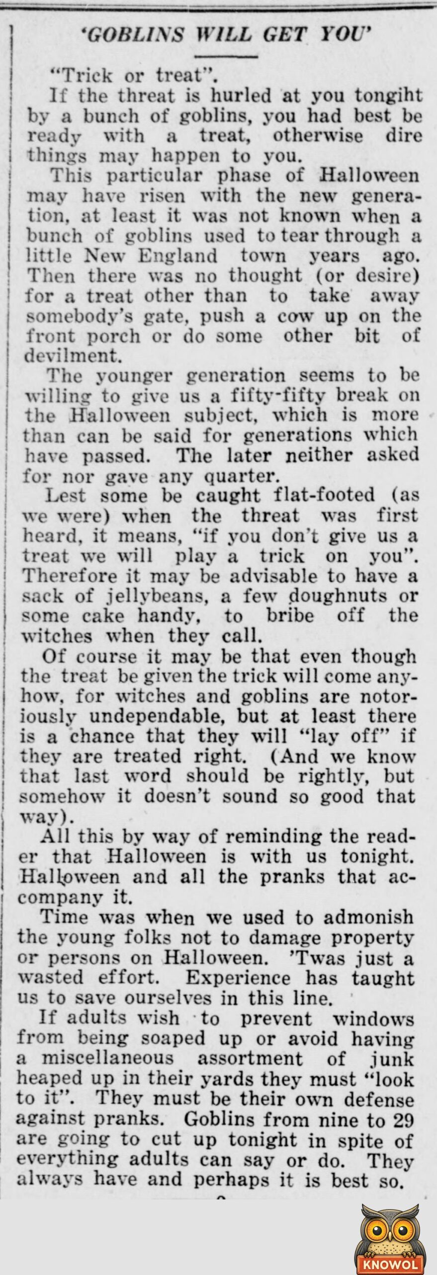 1933 Imperial Valley Press editorial headlined Goblins Will Get You, explaining the phrase trick or treat