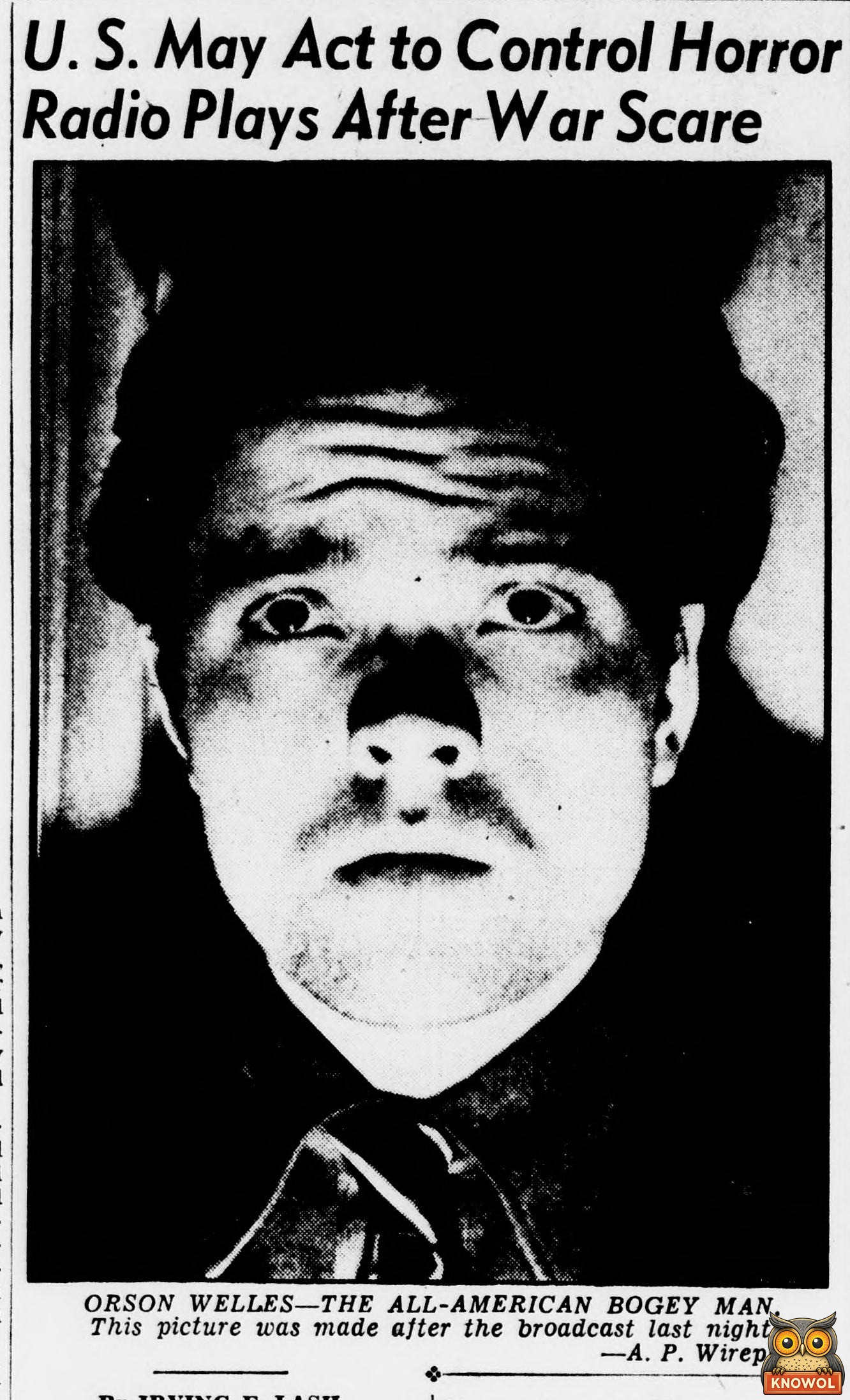 1938 Evening Star front page headline U.S. May Act to Control Horror Radio Plays After War Scare, above a close photograph of a wide-eyed Orson Welles, captioned The All-American Bogey Man