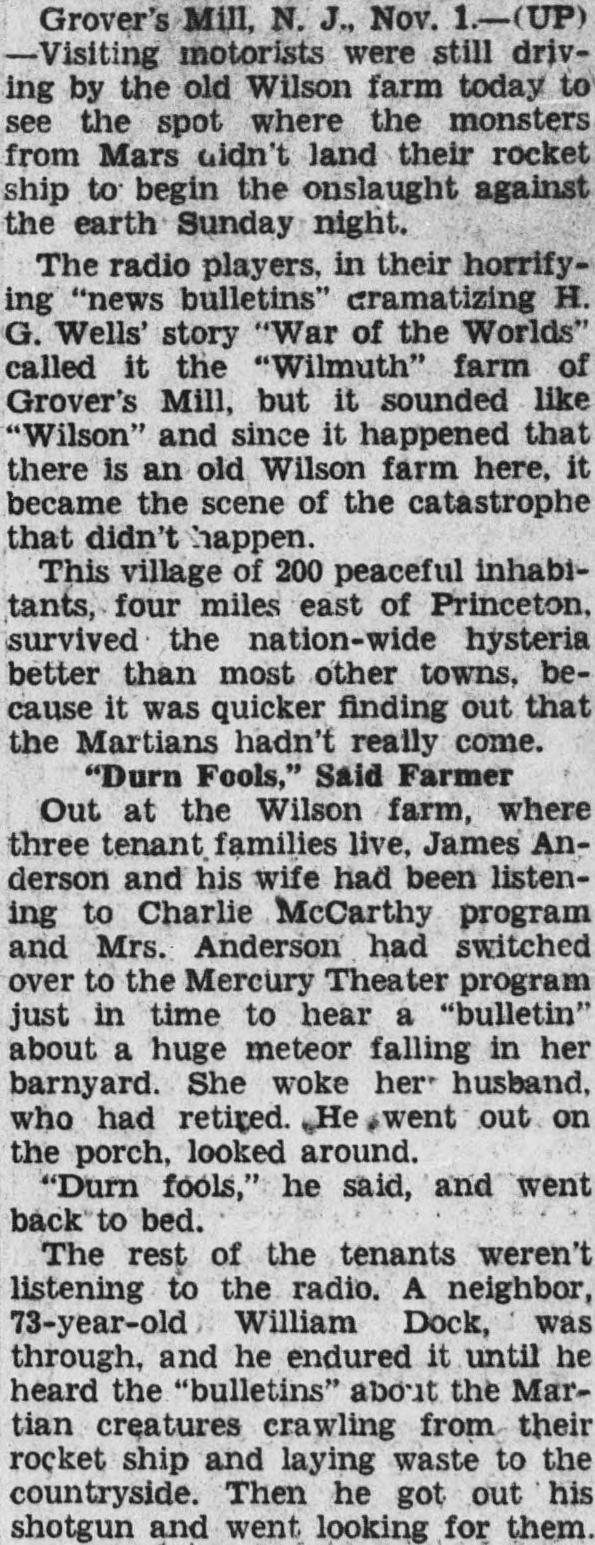 1938 United Press report from Grovers Mill, New Jersey, with the subhead Durn Fools, Said Farmer